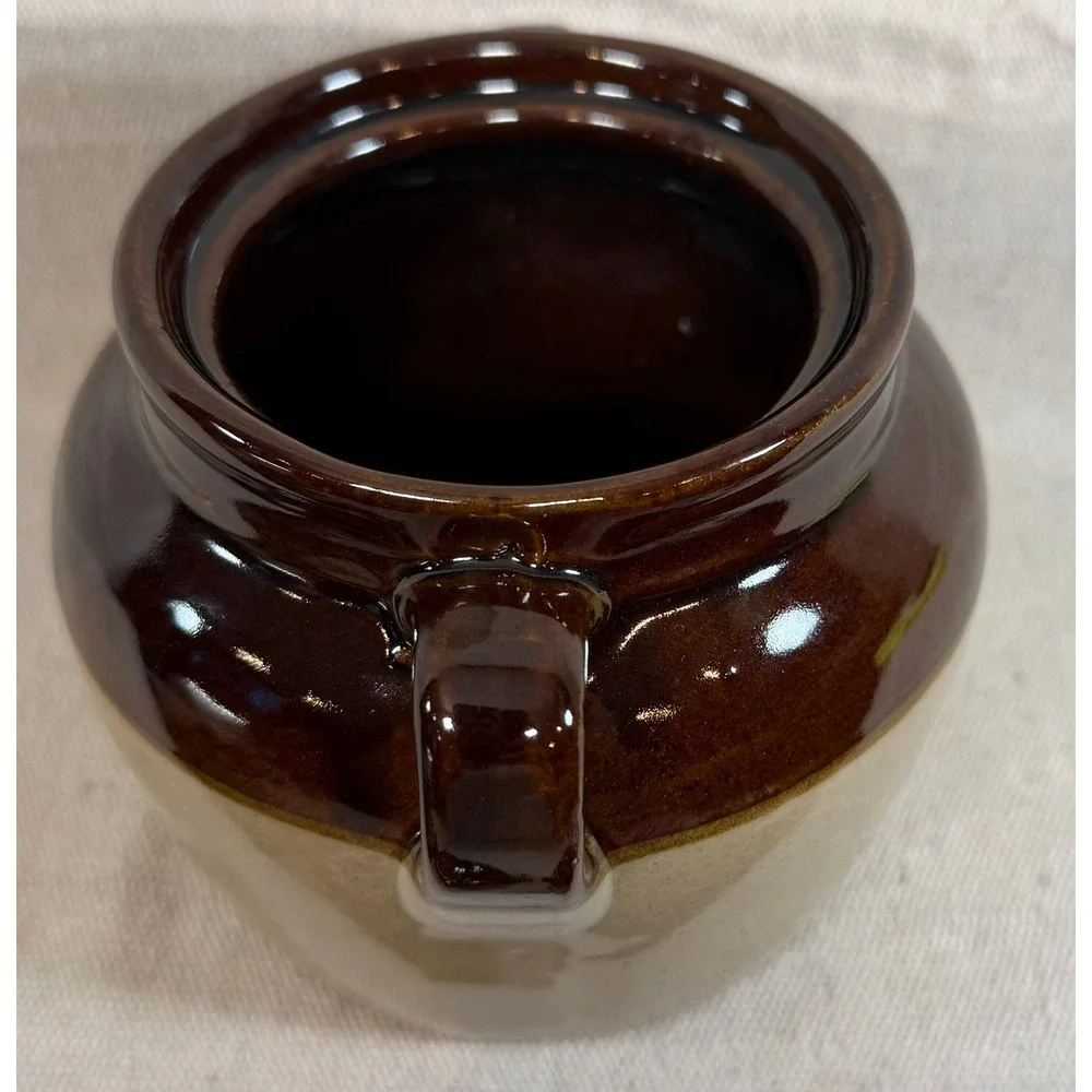 Western Stoneware Maple Leaf Bean Pot Vintage Brown Tan Two Tone Crock 4in